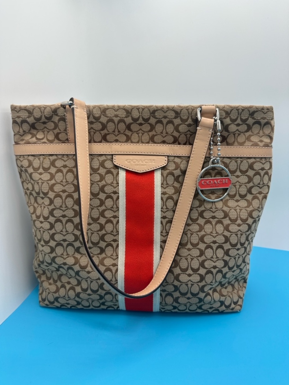 Coach Signature Canvas Tote with Red Stripe and Tan Leather Trim - Picture 5 of 7